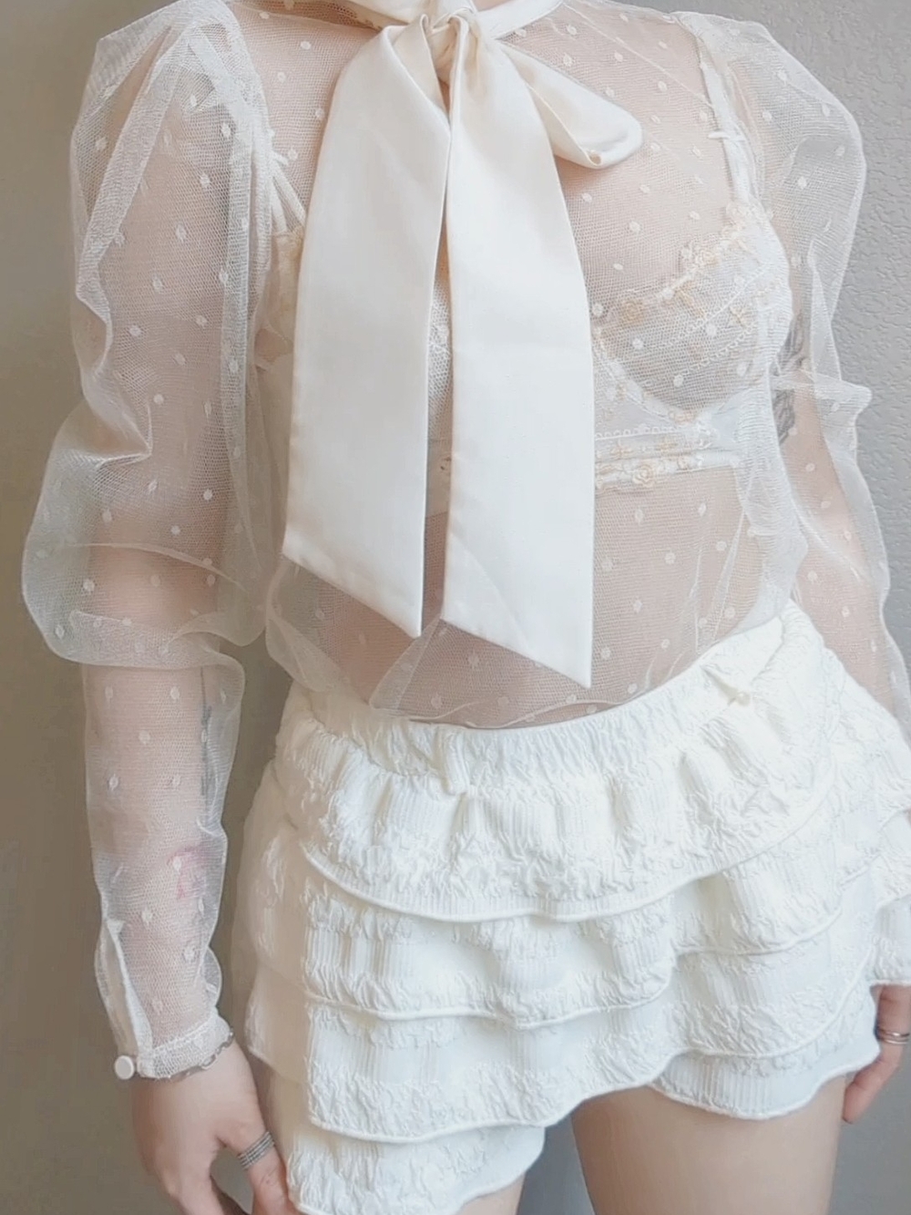 Express Cream Sheer Mesh Blouse with Bow Detail